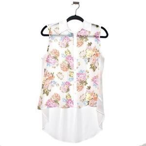 Pastel Floral High-Low Chiffon Button Up Blouse Large